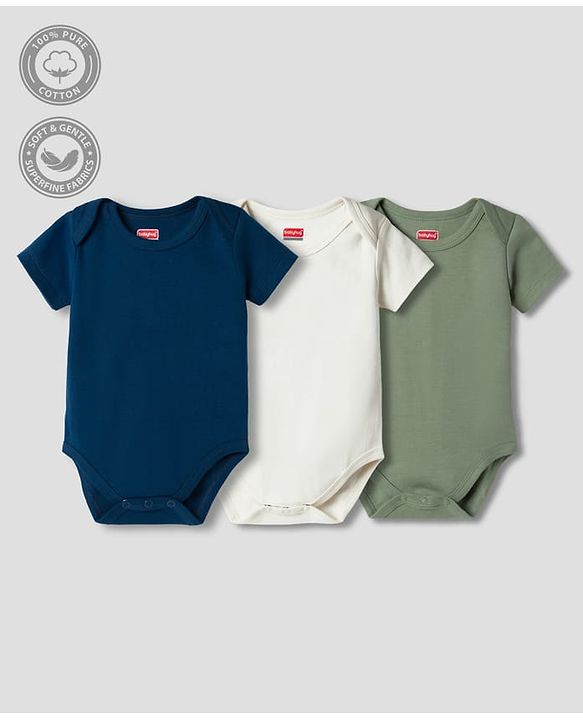 Babyhug 100% Pure Superfine 100% Cotton Knit Half Sleeves Solid Onesies Pack of 3 - Multicolor