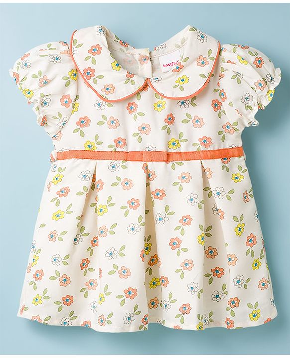 Babyhug Cotton Woven Half Sleeves Floral Printed Peter Pan Collared Frock - Multicolour