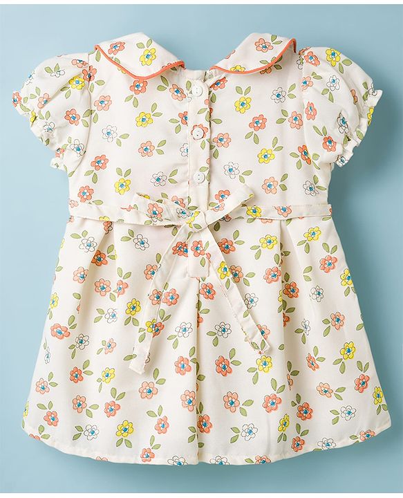 Babyhug Cotton Woven Half Sleeves Floral Printed Peter Pan Collared Frock - Multicolour
