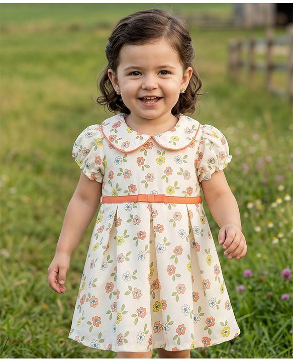 Babyhug Cotton Woven Half Sleeves Floral Printed Peter Pan Collared Frock - Multicolour