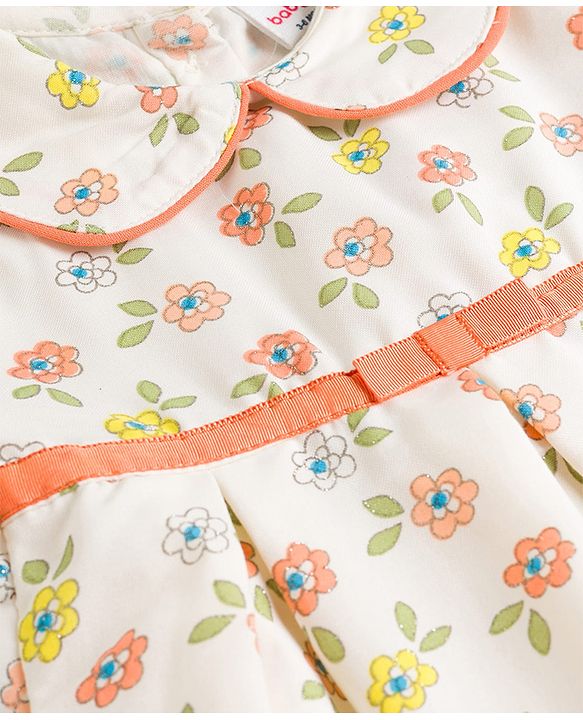 Babyhug Cotton Woven Half Sleeves Floral Printed Peter Pan Collared Frock - Multicolour