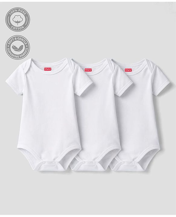 Babyhug 100% Pure Superfine Cotton Knit Half Sleeves Solid Onesies Pack of 3 - White