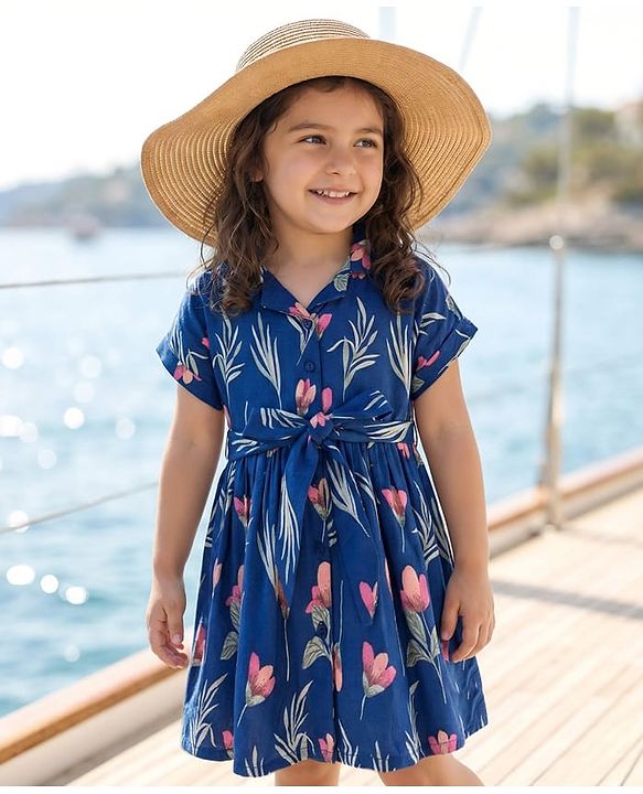 Babyhug Cotton Woven Half Sleeves Shirt Style Frock With Floral Print & Belt - Navy Blue