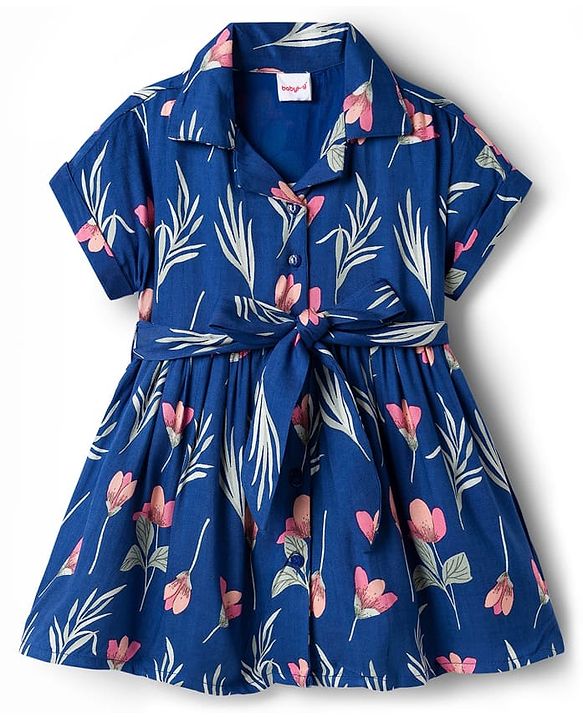 Babyhug Cotton Woven Half Sleeves Shirt Style Frock With Floral Print & Belt - Navy Blue