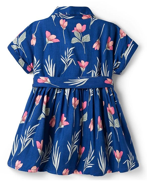 Babyhug Cotton Woven Half Sleeves Shirt Style Frock With Floral Print & Belt - Navy Blue