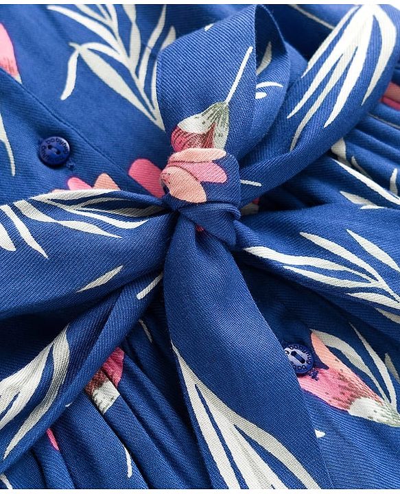 Babyhug Cotton Woven Half Sleeves Shirt Style Frock With Floral Print & Belt - Navy Blue