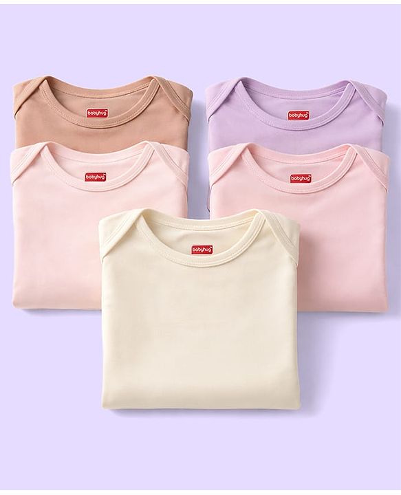Babyhug 100% Pure Superfine Cotton Knit Half Sleeves Solid Onesies Pack of 5 - Multicolor