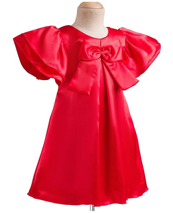 Babyhug Satin Woven Half Sleeves Party Dress With Bow Detailing - Red