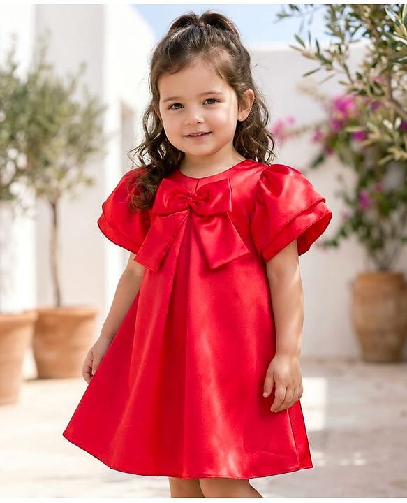 Babyhug Satin Woven Half Sleeves Party Dress With Bow Detailing - Red