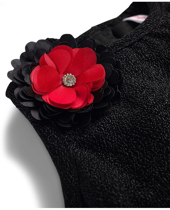 Babyhug Lace Woven Sleeveless Shimmer Party Top & Skirt Set With Floral Applique - Black & Red