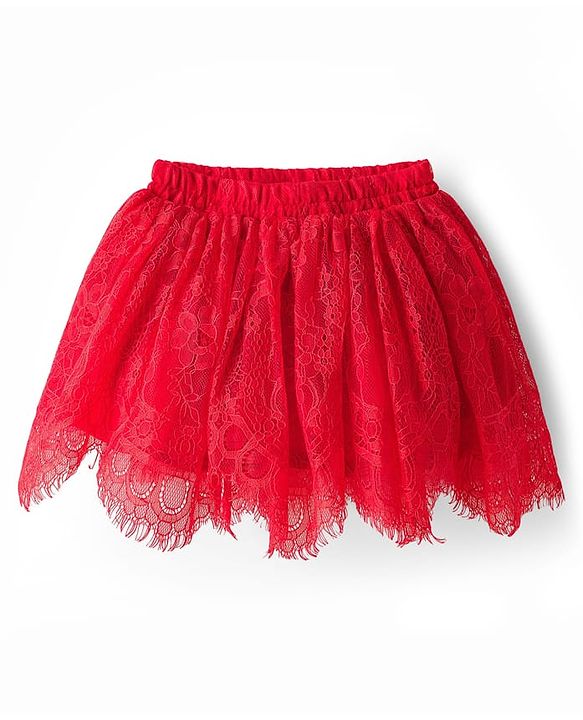 Babyhug Lace Woven Sleeveless Shimmer Party Top & Skirt Set With Floral Applique - Black & Red