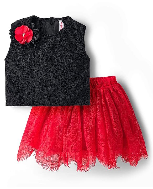 Babyhug Lace Woven Sleeveless Shimmer Party Top & Skirt Set With Floral Applique - Black & Red