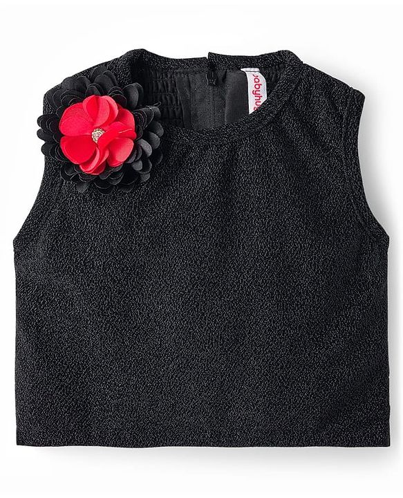 Babyhug Lace Woven Sleeveless Shimmer Party Top & Skirt Set With Floral Applique - Black & Red