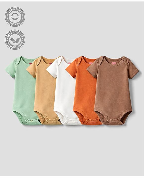 Babyhug 100% Pure Superfine 100% Cotton Knit Half Sleeves Solid Onesies Pack of 5 - Multicolor