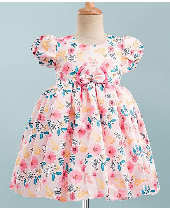 Babyhug Premium Satin Woven Half Puffed Sleeves Party Dress With Floral Print & Bow Applique - Multicolor