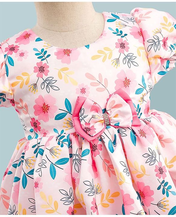 Babyhug Premium Satin Woven Half Puffed Sleeves Party Dress With Floral Print & Bow Applique - Multicolor