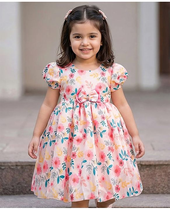 Babyhug Premium Satin Woven Half Puffed Sleeves Party Dress With Floral Print & Bow Applique - Multicolor