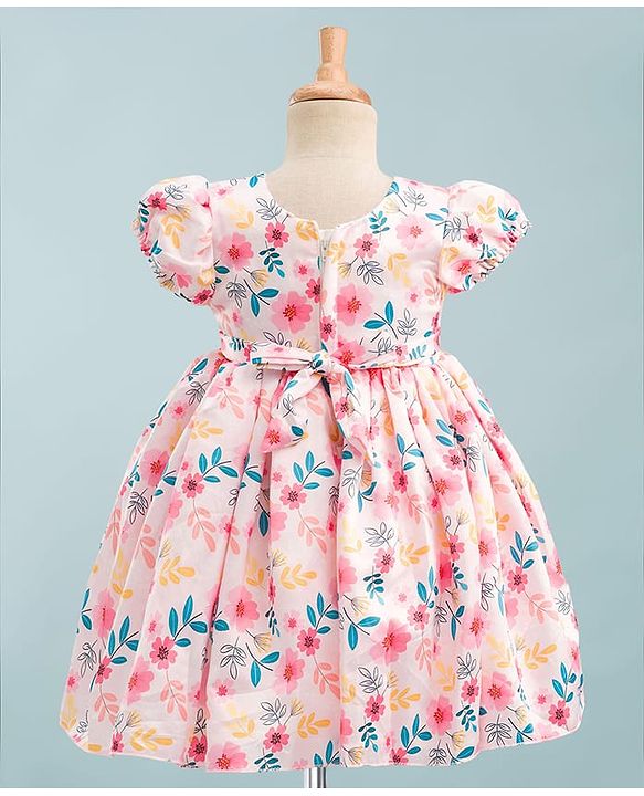 Babyhug Premium Satin Woven Half Puffed Sleeves Party Dress With Floral Print & Bow Applique - Multicolor