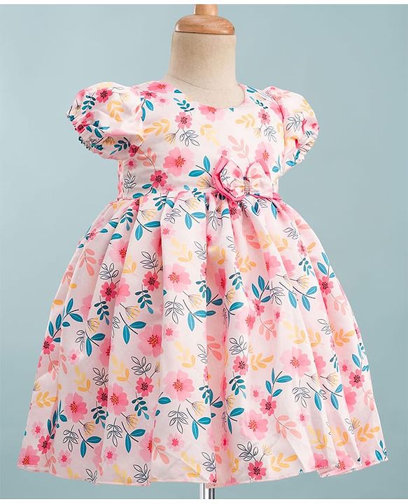 Babyhug Premium Satin Woven Half Puffed Sleeves Party Dress With Floral Print & Bow Applique - Multicolor