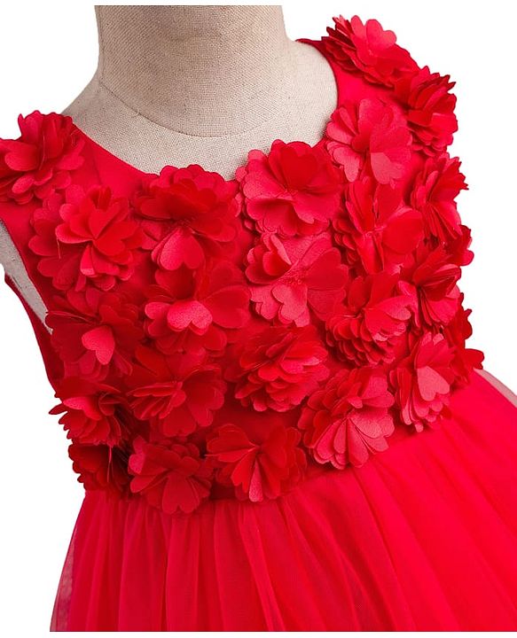 Babyhug Mesh Woven Sleeveless Party Dress With 3D Flower Detailing & Cotton Lining - Red