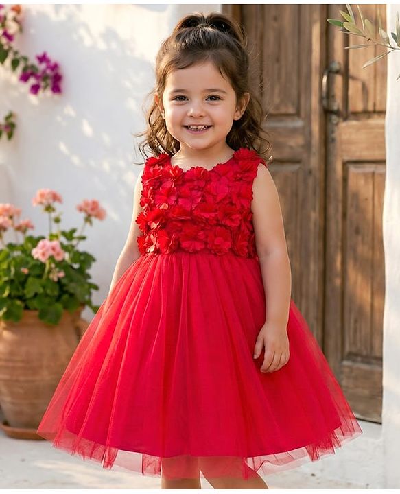 Babyhug Mesh Woven Sleeveless Party Dress With 3D Flower Detailing & Cotton Lining - Red