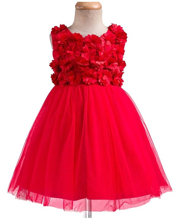 Babyhug Mesh Woven Sleeveless Party Dress With 3D Flower Detailing & Cotton Lining - Red
