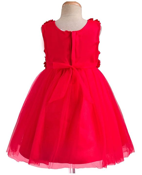 Babyhug Mesh Woven Sleeveless Party Dress With 3D Flower Detailing & Cotton Lining - Red