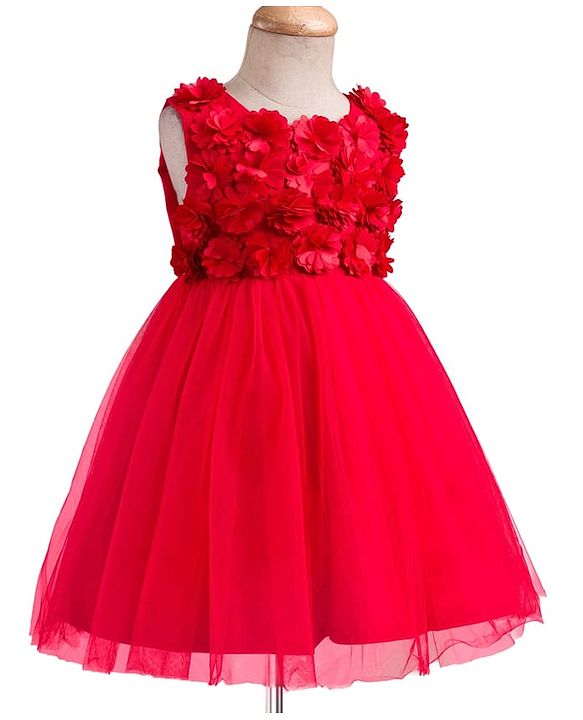 Babyhug Mesh Woven Sleeveless Party Dress With 3D Flower Detailing & Cotton Lining - Red