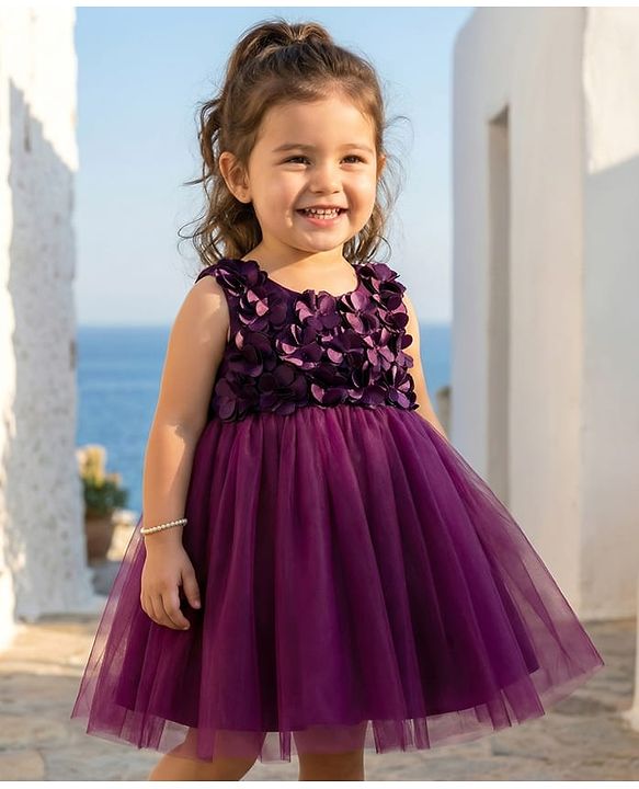 Babyhug Woven Sleeveless 5 Layer Party Dress with Floral Applique & Cotton Lining - Wine