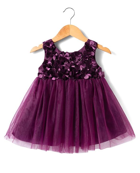 Babyhug Woven Sleeveless 5 Layer Party Dress with Floral Applique & Cotton Lining - Wine