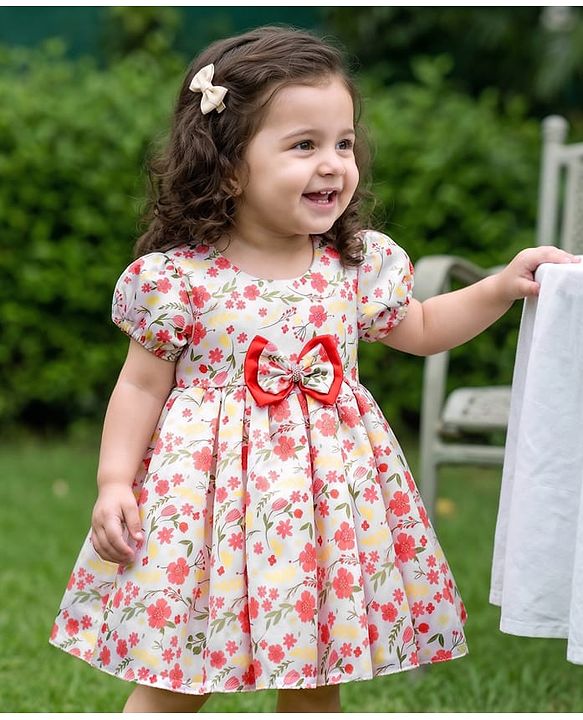 Babyhug Woven Half Puffed Sleeves 5 Layer Party Dress with Floral Print Bow Applique & Cotton Lining - White