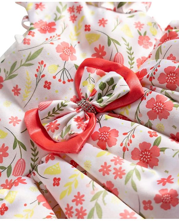 Babyhug Woven Half Puffed Sleeves 5 Layer Party Dress with Floral Print Bow Applique & Cotton Lining - White