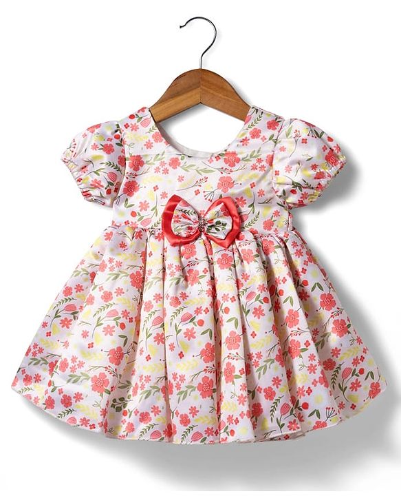 Babyhug Woven Half Puffed Sleeves 5 Layer Party Dress with Floral Print Bow Applique & Cotton Lining - White