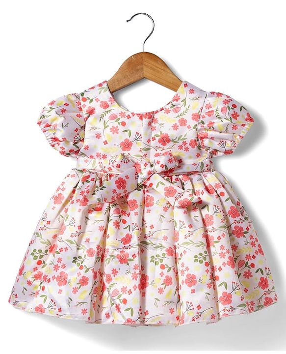 Babyhug Woven Half Puffed Sleeves 5 Layer Party Dress with Floral Print Bow Applique & Cotton Lining - White