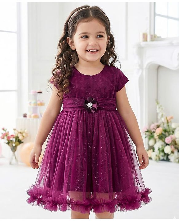 Babyhug 5 Layers Fit & Flare Half Sleeves Glitter Mesh Party Dress with Bow Deatiling and Cotton Lining - Wine