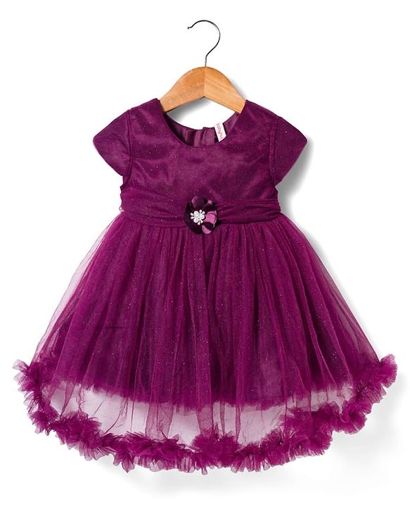 Babyhug 5 Layers Fit & Flare Half Sleeves Glitter Mesh Party Dress with Bow Deatiling and Cotton Lining - Wine