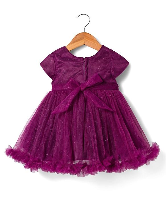 Babyhug 5 Layers Fit & Flare Half Sleeves Glitter Mesh Party Dress with Bow Deatiling and Cotton Lining - Wine