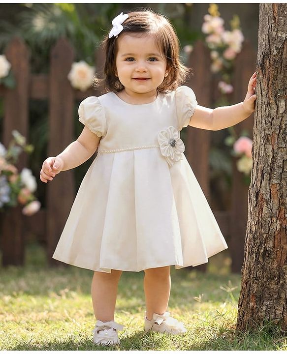 Babyhug Premium Satin Puffed Sleeves Fit & Flared Party Dress With Booties & Floral Applique - White