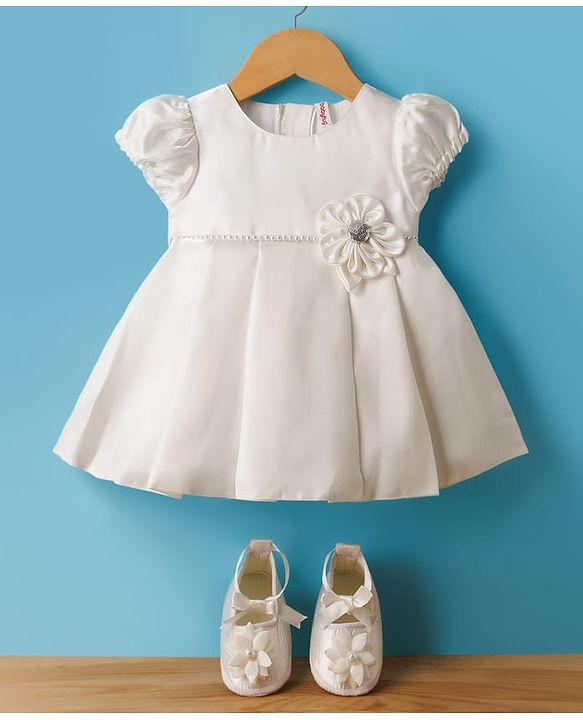 Babyhug Premium Satin Puffed Sleeves Fit & Flared Party Dress With Booties & Floral Applique - White