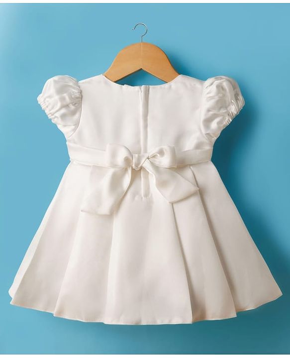 Babyhug Premium Satin Puffed Sleeves Fit & Flared Party Dress With Booties & Floral Applique - White