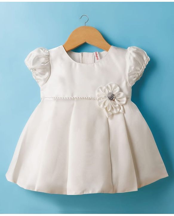 Babyhug Premium Satin Puffed Sleeves Fit & Flared Party Dress With Booties & Floral Applique - White