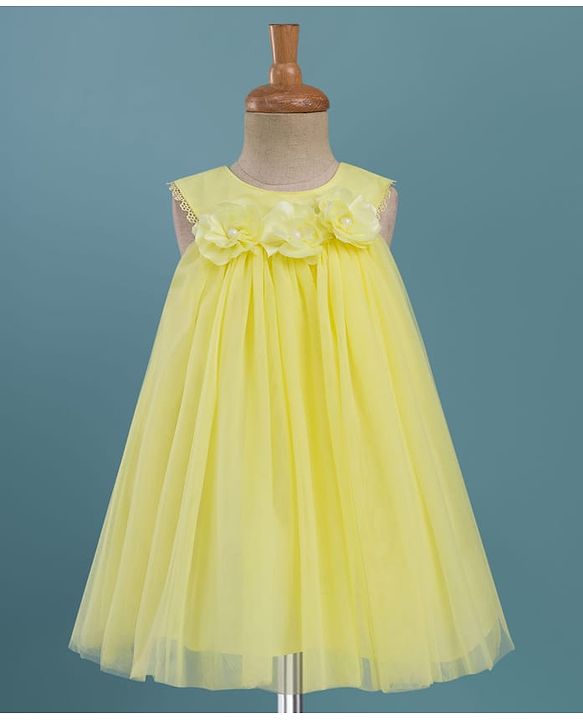 Babyhug Mesh Woven Sleeveless Party Dress With Floral Corsage - Yellow
