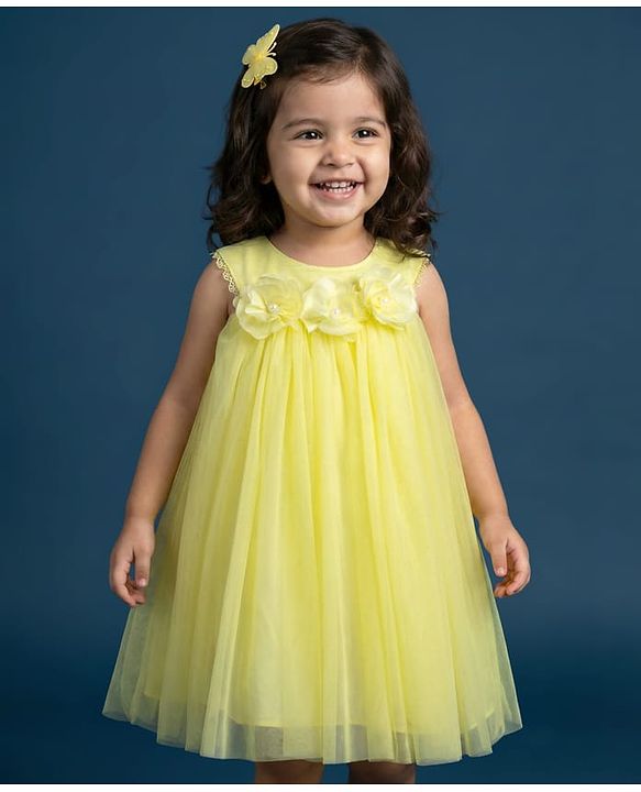 Babyhug Mesh Woven Sleeveless Party Dress With Floral Corsage - Yellow