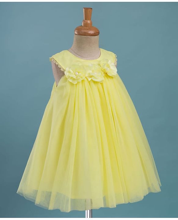 Babyhug Mesh Woven Sleeveless Party Dress With Floral Corsage - Yellow