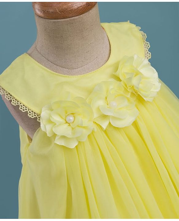 Babyhug Mesh Woven Sleeveless Party Dress With Floral Corsage - Yellow