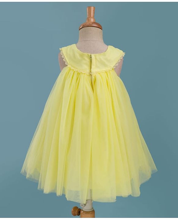 Babyhug Mesh Woven Sleeveless Party Dress With Floral Corsage - Yellow