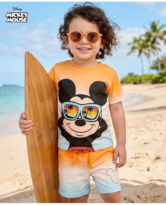 Babyhug Disney Single Jersey Knit Half Sleeves Tie & Dye T-Shirt & Shirts Set with Mickey Mouse Graphic - Multicolor