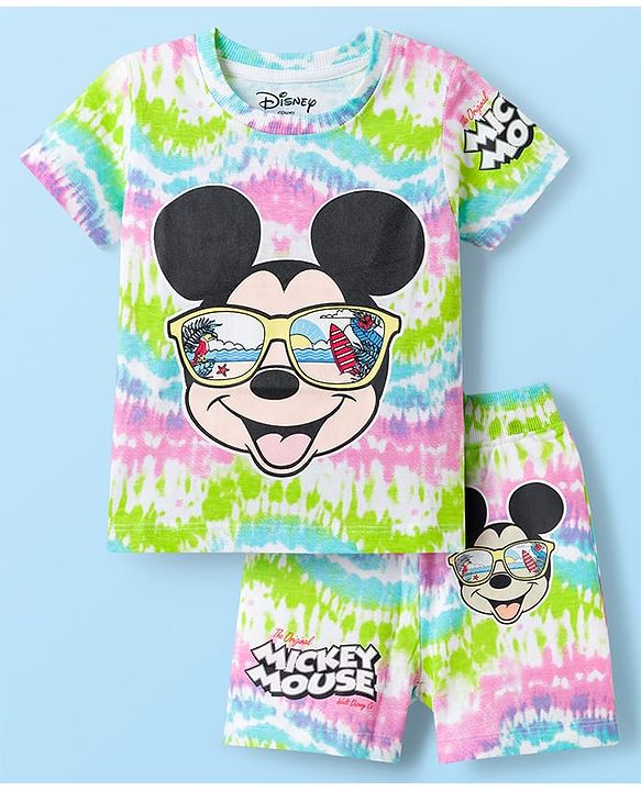 Babyhug Disney Single Jersey Knit Half Sleeves Tie & Dye T-Shirt & Shorts Set with Mickey Mouse Graphic - Multicolor