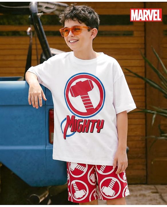 Pine Kids Marvel Single Jersey Knit Drop Shoulder Half Sleeves Oversized T-Shirt & Shorts Set with Thor Graphic - Red & White