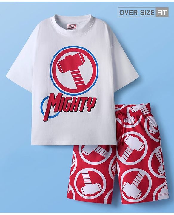 Pine Kids Marvel Single Jersey Knit Drop Shoulder Half Sleeves Oversized T-Shirt & Shorts Set with Thor Graphic - Red & White